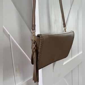888 Leather Taupe Crossbody Bag with Whipstitch Detail